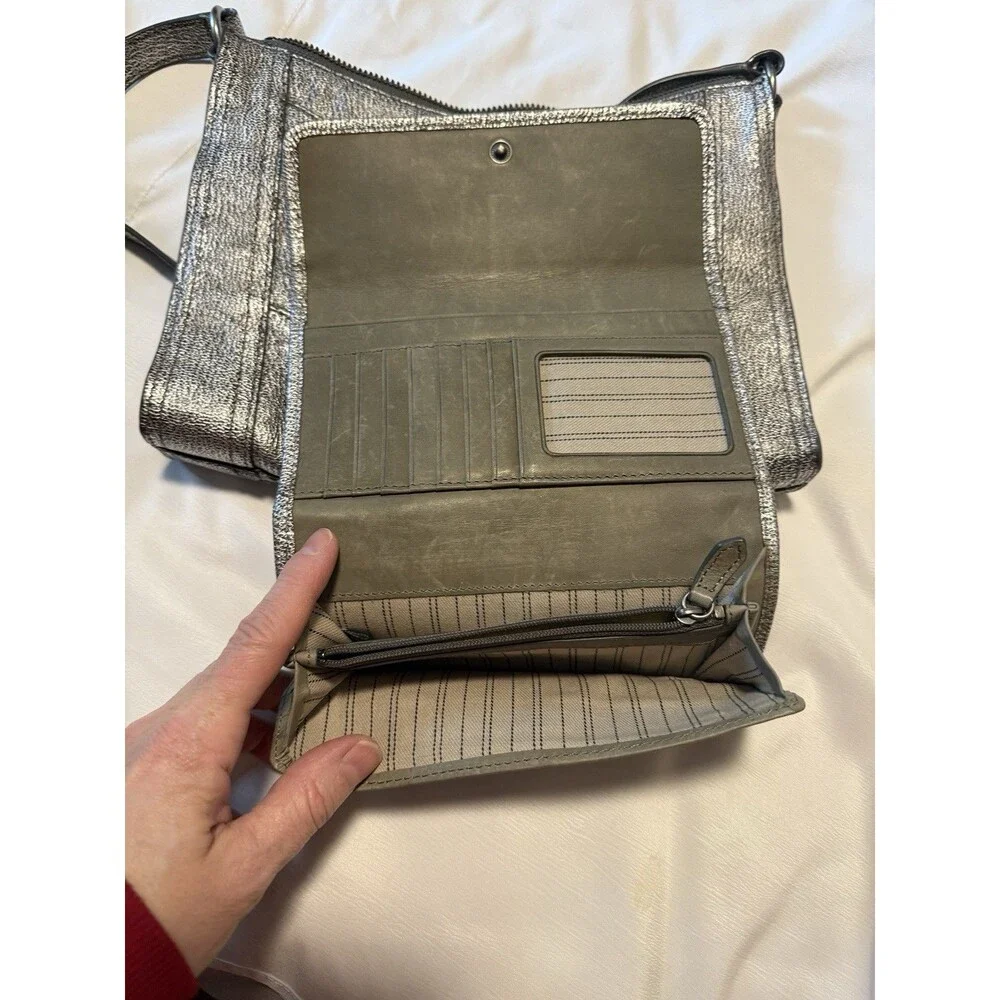 Frye Metallic Leather Crossbody Bag + Matching Wallet Pewter Silver Set